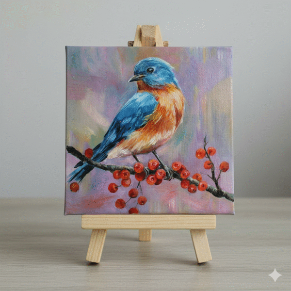 Bluebird on Red berries Mini Canvas with Wooden Easel Stand