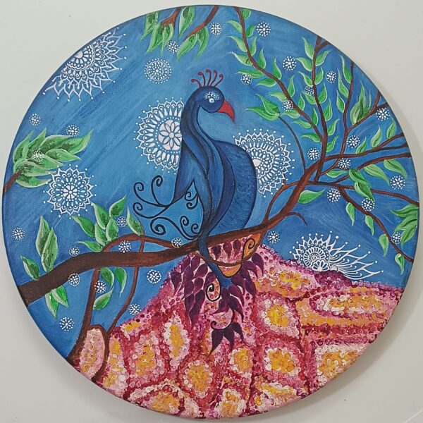 Blue Peacock on 20" Round Canvas_Acrylic_Washable